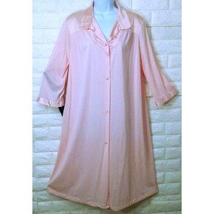 Vintage 70s Vanity Fair Dressing Gown Robe -L Pocket Collar Floral LS Nylon Pink
